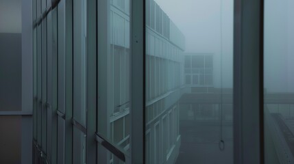 Close view of hospital windows, fog-covered, no humans, soft gray tones, dusk light --