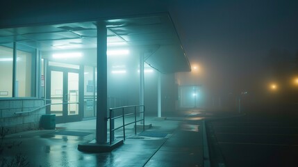 Hospital side entrance, close-up in heavy fog, no people, soft focus, night setting 