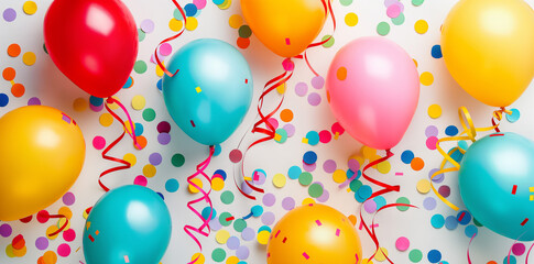 colorful balloons on a white background, in a top view. Birthday party decoration with many colorful balloons and streamers

