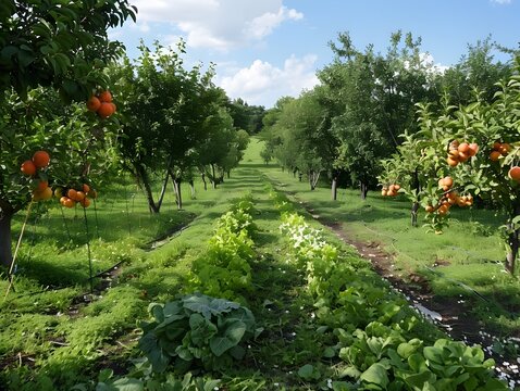 Lush Fruit Orchard with Vegetable Intercropping in Verdant Farmland Landscape