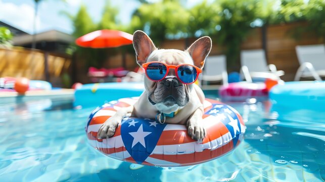 French bulldog wearing sunglasses floats in a pool on a patriotic float