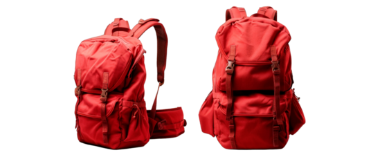 Two red backpacks are shown side by side