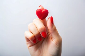 Fototapeta premium A hand holding a red heart on a white background, a closeup photo of a woman's finger with a love symbol isolated on a grey pastel colored background in the style of a minimalistic