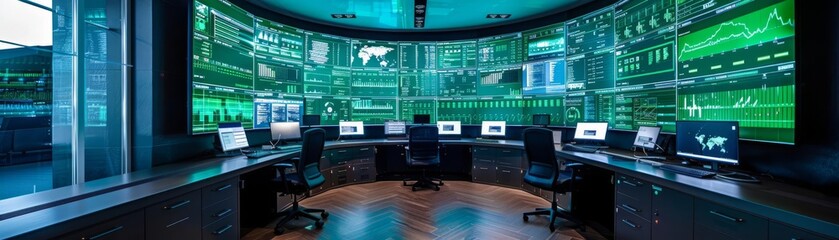 Digital command center, multiple green screens showing realtime data, cuttingedge technology hub, sleek and modern design