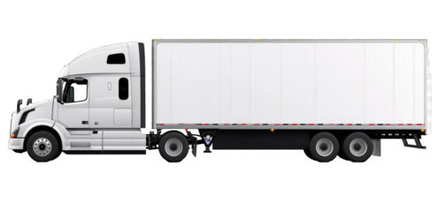 A large white semi truck is parked on a white background