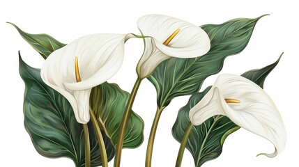 Obraz premium Elegant illustration of white calla lilies with lush green leaves on a white background, showcasing their natural beauty and grace.