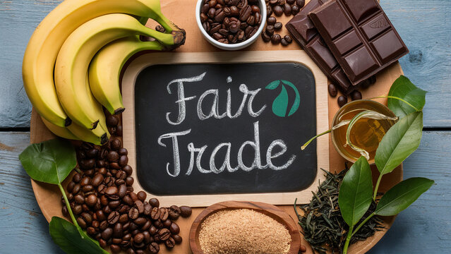 fair trade products including bananas, coffee beans, chocolate, raw sugar, and green tea on a rustic wooden surface  - Powered by Adobe