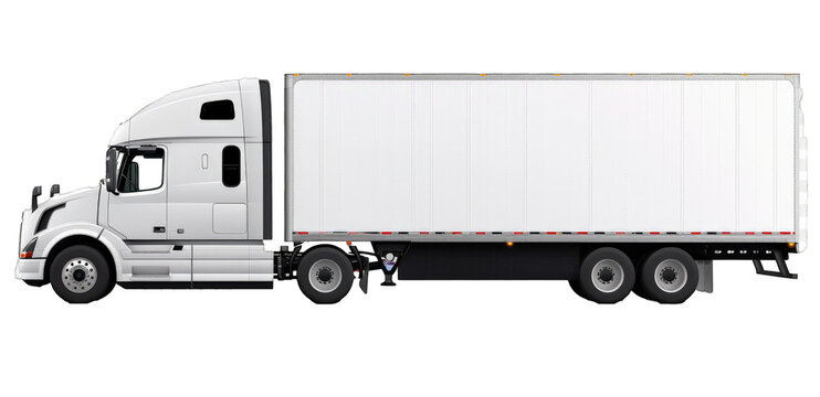 A large white semi truck is parked on a white background