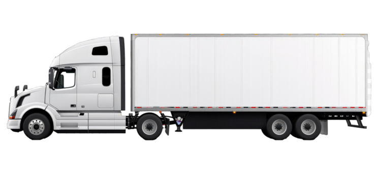 A large white semi truck is parked on a white background