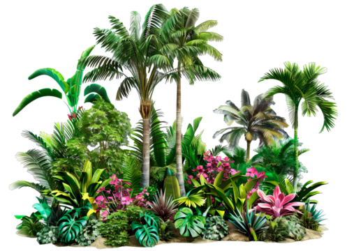 A lush tropical garden with a variety of plants and trees