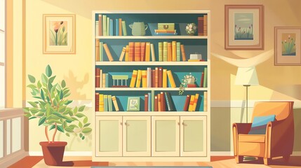 Cozy living room with a bookshelf filled with colorful books, a plant, a chair, and wall art, lit by natural sunlight.