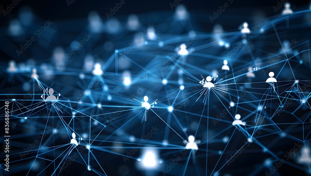 Wall mural Abstract background with social network connections, people icons and data connections in dark blue colors on a black background
