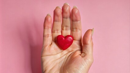 A hand holding a red heart on a white background, a closeup photo of a woman's finger with a love symbol isolated on a grey pastel colored background in the style of a minimalistic