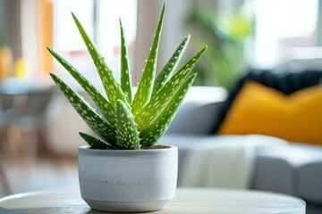 Vibrant aloe vera sits in a stylish pot on a coffee table, enhancing home decor with greenery