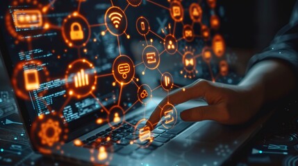 Fototapeta premium Cybersecurity on internet with person touching interface with icons of wireless network connection access on laptop,
