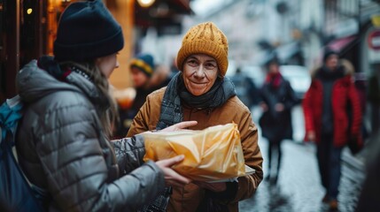 Obraz premium Homeless person receiving food from a charity worker in a city center