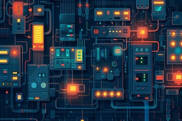 Fototapeta premium Futuristic circuit board with glowing elements and complex design, representing advanced technology and digital innovation, close-up view.