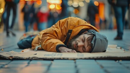 Homeless person lying on a cardboard mat in a busy city square
