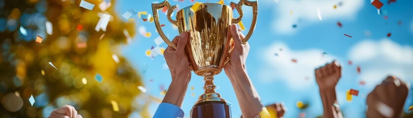 Exuberant trophy celebration, hands lifting a golden cup high, festive confetti and cheering, symbol of success and teamwork