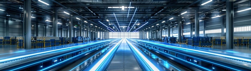 Obraz premium Futuristic distribution hub, glowing blue lines on conveyors managing logistics, a vision of modern commerce