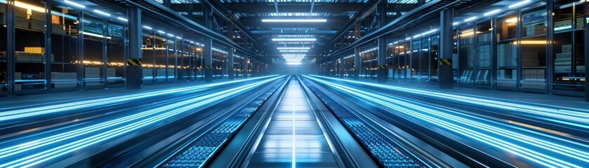 Fototapeta premium Futuristic distribution hub, glowing blue lines on conveyors managing logistics, a vision of modern commerce