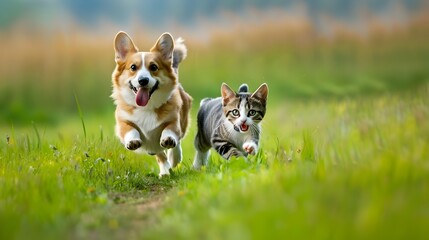 Cheerful Corgis and Tabby Cats Chasing Across Bright Green Field