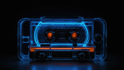 Retro audio cassette tape player on black background. Close up