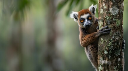 Fototapeta premium Sunda Lemur Clinging to Tree in Lush Rainforest Habitat
