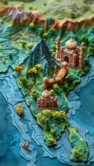 Obraz premium Detailed Indian map origami, ancient art style, pointillism dots, watercolor, highlighting landmarks with rich textures