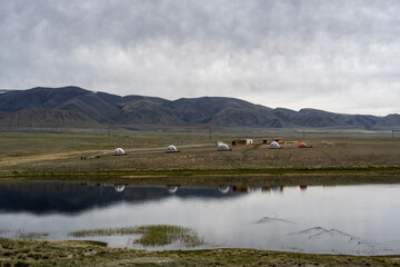 landscape of the surroundings of the village of Kosh Agach mountains with lakes and unusual landscapes in the southern regions of Altai in May