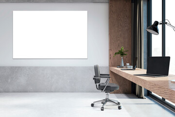Modern office interior with empty poster, wooden desk, laptop, chair, and city view, light background, creative concept. 3D Rendering