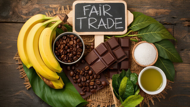 fair trade products including bananas, coffee beans, chocolate, raw sugar, and green tea on a rustic wooden surface  - Powered by Adobe
