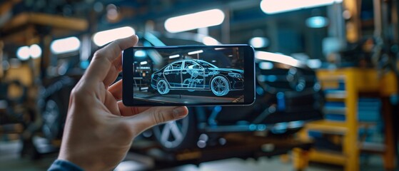 Futuristic Technology Concept - Close-up of Smartphone Showing Holographic 3D Car Model in Workshop