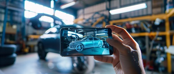 Futuristic Technology: Smartphone Showing Holographic 3D Car Model in Workshop