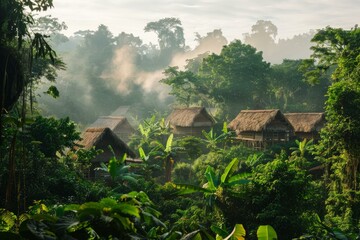 Tranquil misty morning in a lush tropical village with traditional huts. Surrounded by serene greenery and the peaceful sounds of nature