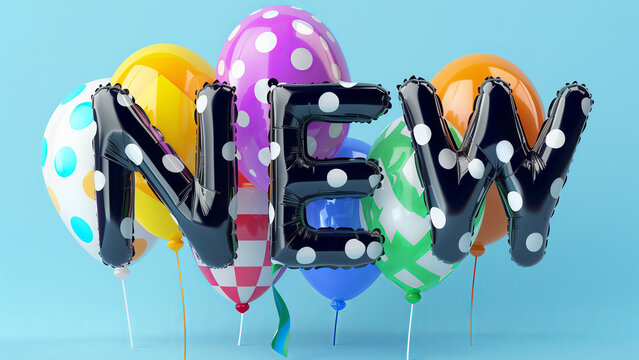 The word "NEW" is written in large letters with colorful polka dots and checkered patterns on inflatable balloons