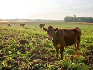 Cattle Grazing in a Lush Pastoral Field with Cover Crops
