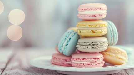 Colorful Assorted Macarons on White Plate, Perfect for Dessert Display, Party Decoration, or Confectionery Design