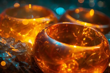 Closeup of glass candle holders with a warm, soft glow amidst a dark, cozy setting