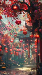 Obraz premium Red lanterns in chinese temple,Chinese with traditional paper lanterns created