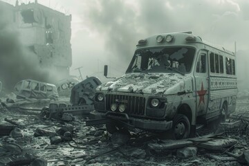 Obraz premium Derelict medical vehicle amidst ruins and debris in a dystopian urban environment