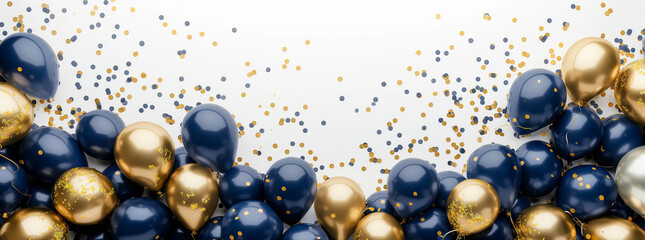 a large amount of navy blue and gold balloons, confetti, white background, photorealistic, hyperrealism, professional photography, cinematic, sharp details