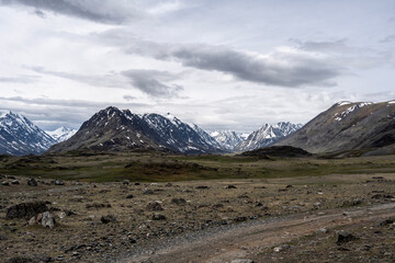 landscape of the surroundings of the village of Kosh Agach mountains with lakes and unusual landscapes in the southern regions of Altai in May
