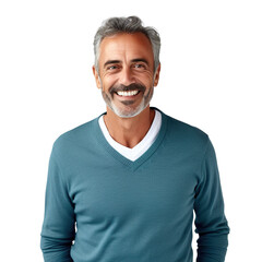 Obraz premium Front view mid shot of a 60-year-old handsome Latin man dressed in a light teal V-neck sweater and navy blue slacks, smiling on a white transparent background