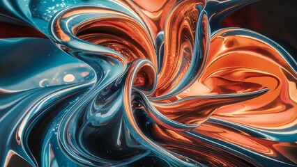 A stunning abstract liquid sculpture with swirling, colorful fluid forms in shades of blue, orange, and red