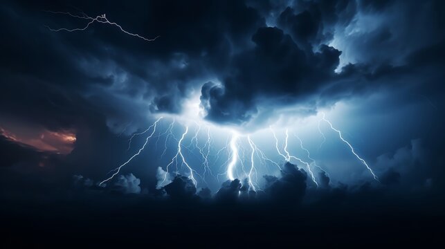 A dramatic and powerful image of a lightning storm at night, with striking lightning bolts illuminating dark, ominous clouds.
