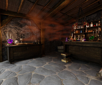 3D rendered illustration from the interior of a witch's hut 