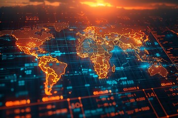 Fototapeta premium Digital world map with glowing data points and network connections, representing global technology and communication trends.