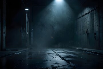 Blue dark background of empty foggy street with wet asphalt, illuminated by a searchlight, laser beams, smoke, Generative AI 