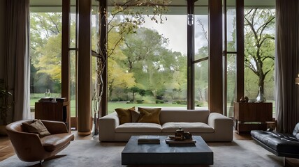 A living room with glass windows
